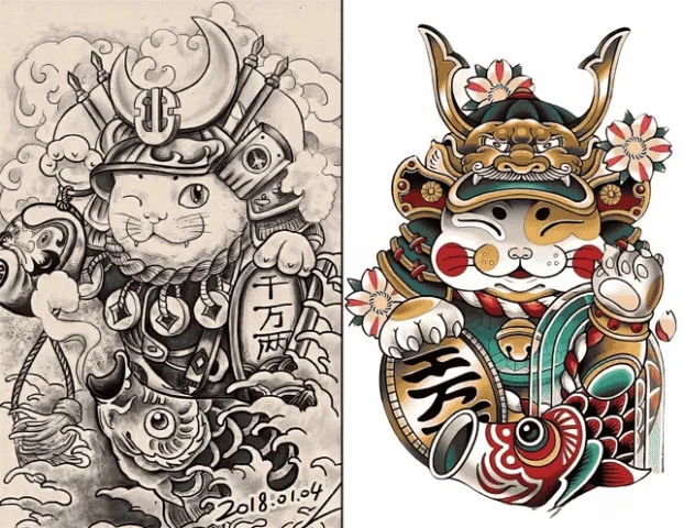 Hình xăm Mèo Thần Tài Samurai phong cách hiện đại