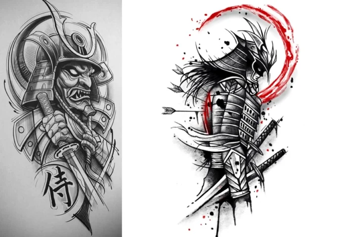 Hình xăm samurai nhật cổ với kiếm và hoa anh đào