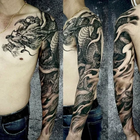 Hình Xăm Rồng Đen Trắng Kín Tay: Biểu Tượng Sức Mạnh & Nghệ Thuật Mẫu hình xăm rồng đen trắng full sleeve