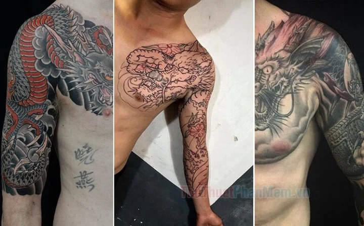 Mẫu hình xăm rồng vắt vai chi tiết và đầy màu sắc
