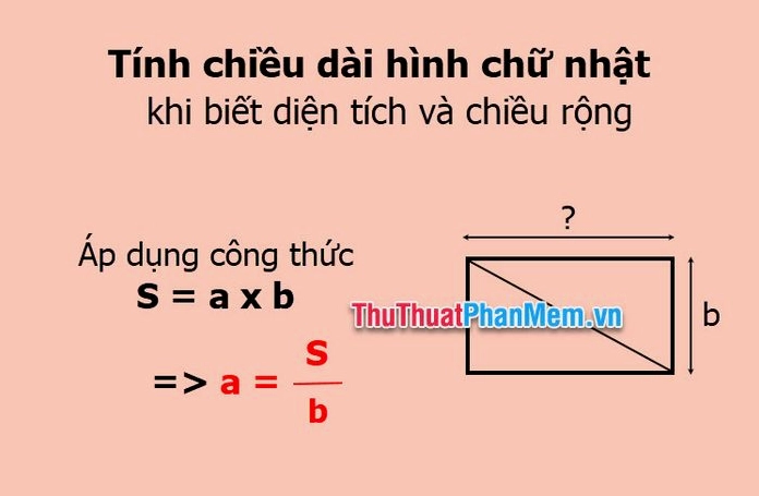 Minh họa tính toán chiều dài hình chữ nhật từ diện tích và chiều rộng