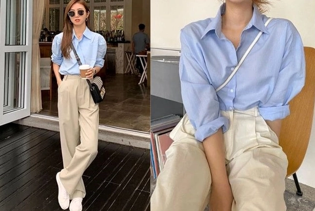 Phối quần be với áo màu xanh tươi mát