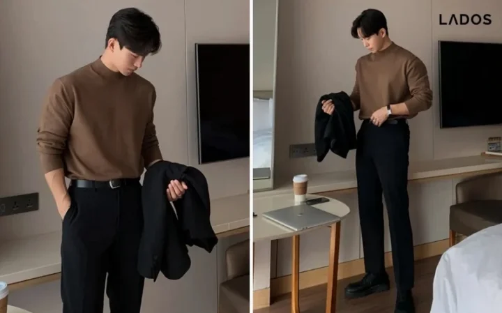 Outfit Đi Đám Cưới Nam: Chuẩn Lịch Lãm 2026 Phối quần tây với áo thun cổ lọ thanh lịch cho nam