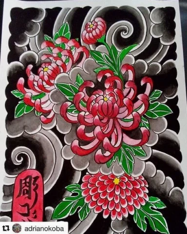 Tattoo hoa mẫu đơn với các yếu tố Nhật cổ khác