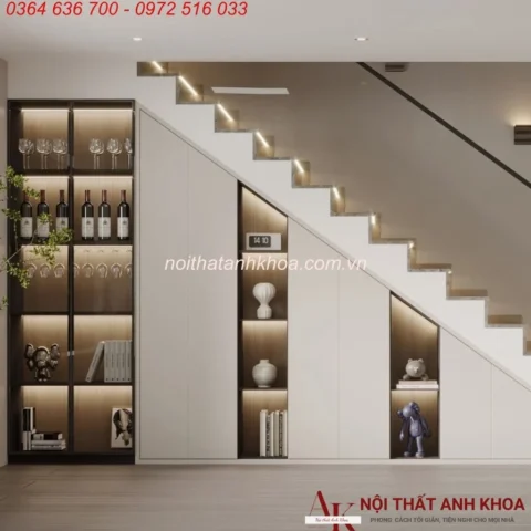 Tủ gầm cầu thang phòng khách kết hợp tủ rượu sang trọng